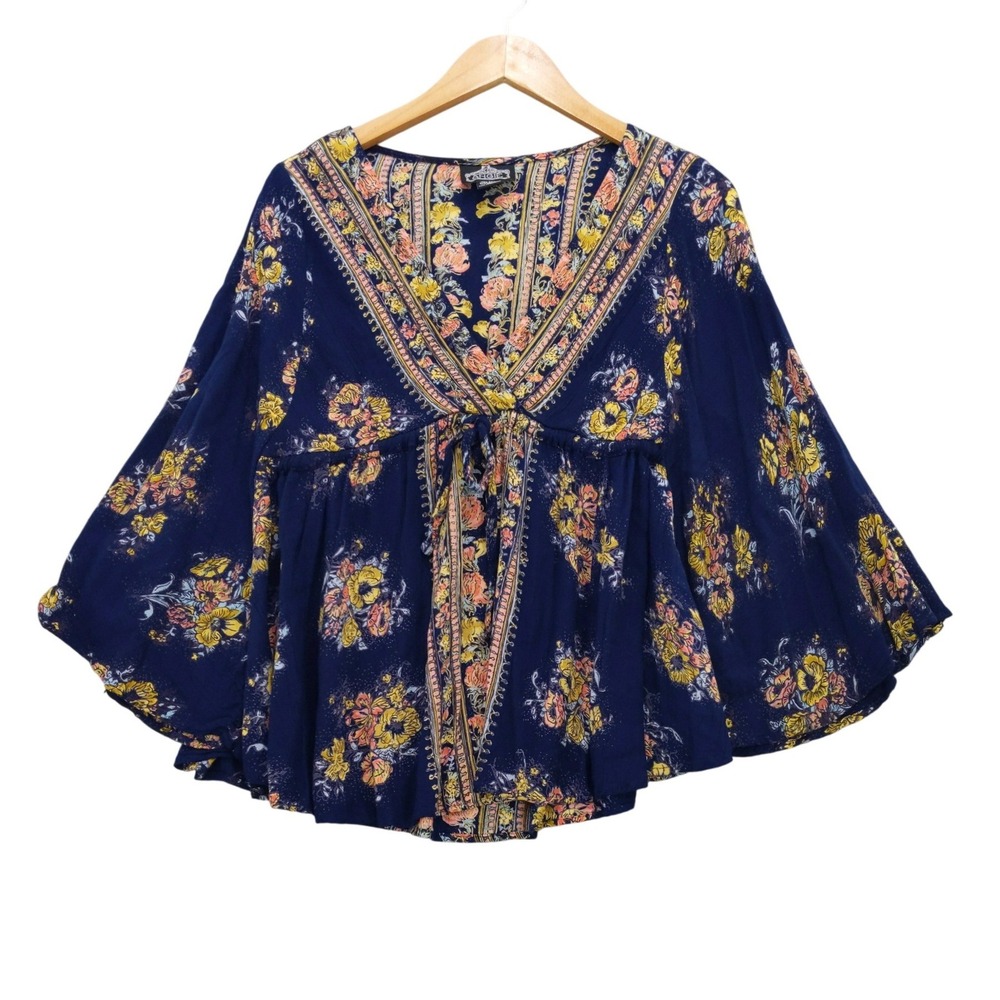 Angie Floral Rayon Blouse Women S Navy Blue Boho Batwing Sleeve V-Neck Tie Front